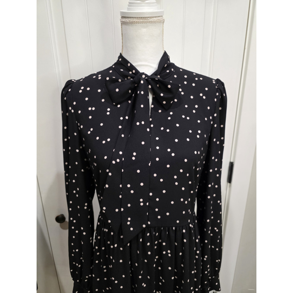 Kate Spade Polka Dot Bow Neck Tie Dress Black Ruffle Hem Long Sleeve Size 6 Bow - Picture 6 of 12